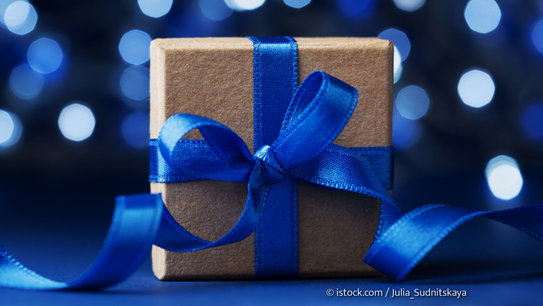 Geschenk mit blauer Schleife vor blauem Hintergrund (Foto: © istock.com / Julia_Sudnitskaya)